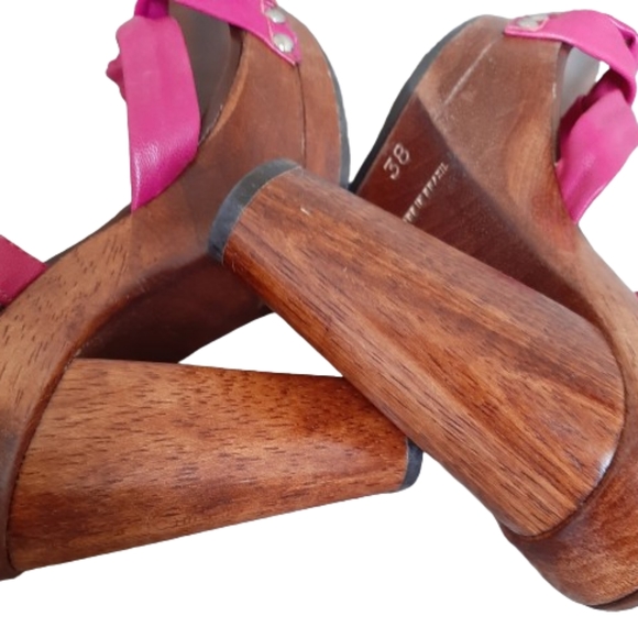 ALDO - Strappy heeled bright pink leather sandals with wooden platform - Size: 8 - Picture 6 of 8